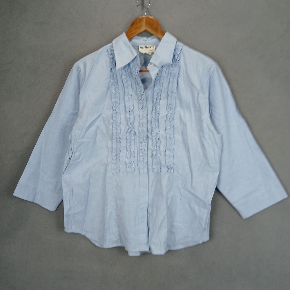 Millers Classic Wear Dress Shirt Womens 12 Blue‎ Cotton Ruffled Pintuck Pleats
